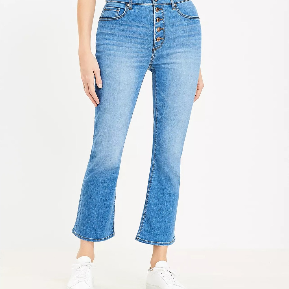 Loft Curvy Button Front High Rise Kick Crop Jeans